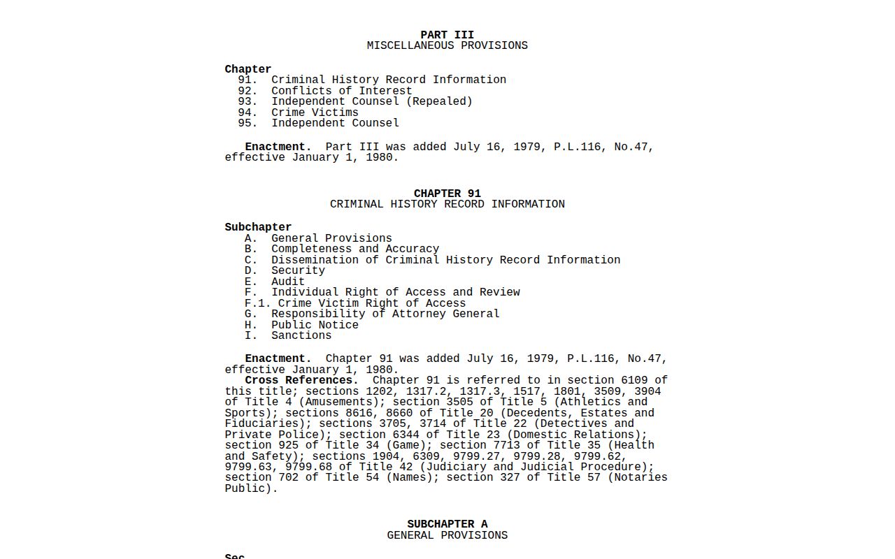 Pennsylvania Criminal History Record Information Act page