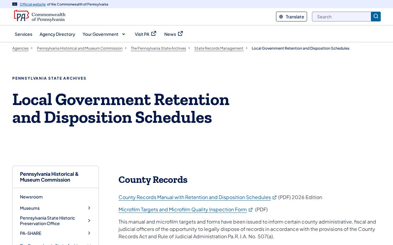Pennsylvania local government retention and disposition schedules page