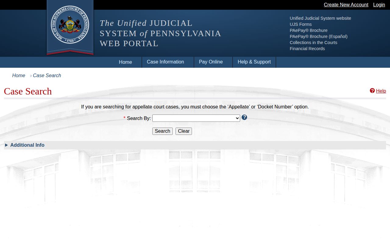 Pennsylvania UJS Case Search interface