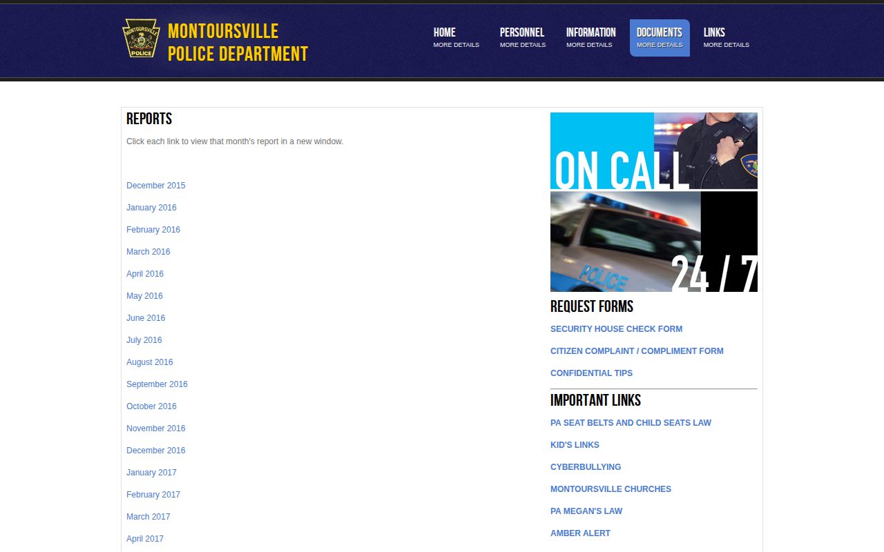 Screenshot of the Montoursville Police historical reports page with monthly report links