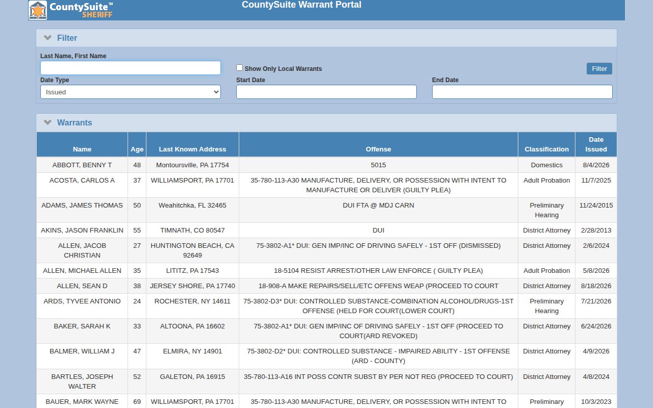 Lycoming County CountySuite public warrant portal