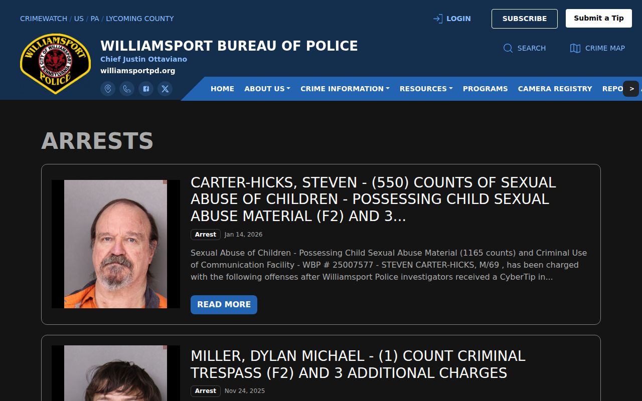 Williamsport Bureau of Police CRIMEWATCH arrests feed